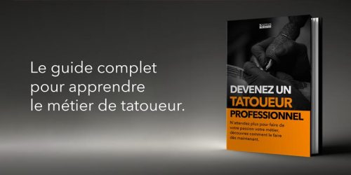 Une image du livre pour apprendre à tatouer, un guide complet pour les débutants dans le monde du tatouage, couverture noire avec des lettres blanches et des dessins d'aiguilles de tatouage.